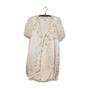 Vintage 80s White Robe S / M Tie Front Flutter Sleeve Satin Lace Beaded Applique